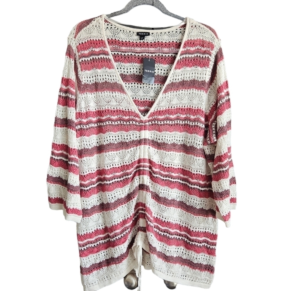 Torrid Open Stitch Pullover V-Neck Cinched Front Sweater Pink Stripe Size 3X NWT